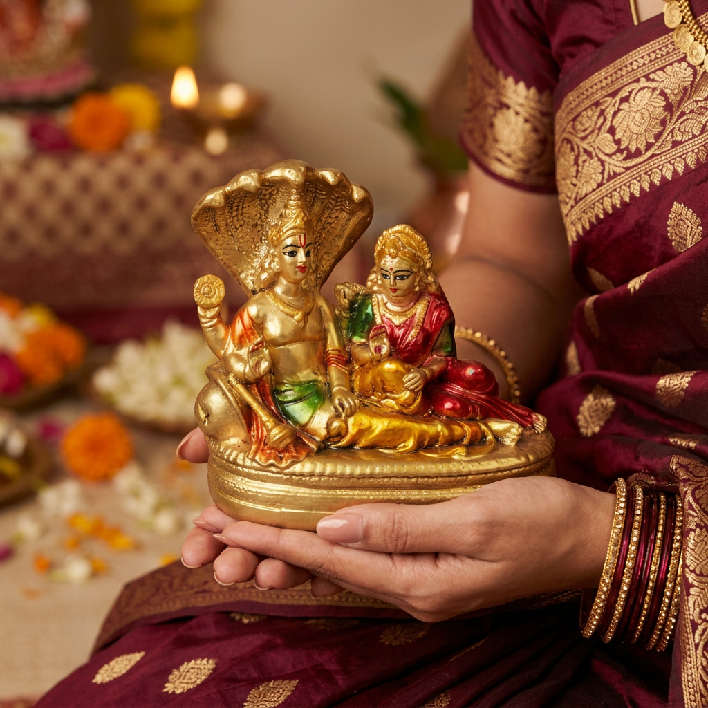 HindCraft Lakshmi Narayan Idol with Sheshnag | Lord Vishnu & Goddess Lakshmi Resin Statue for Home Temple & Pooja Decor