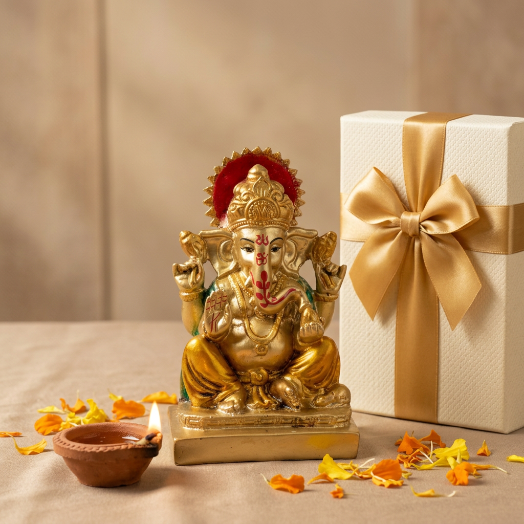 HindCraft Lord Ganesha Idol Showpiece | Golden Ganpati Murti for Home Temple, Office Desk & Car Dashboard