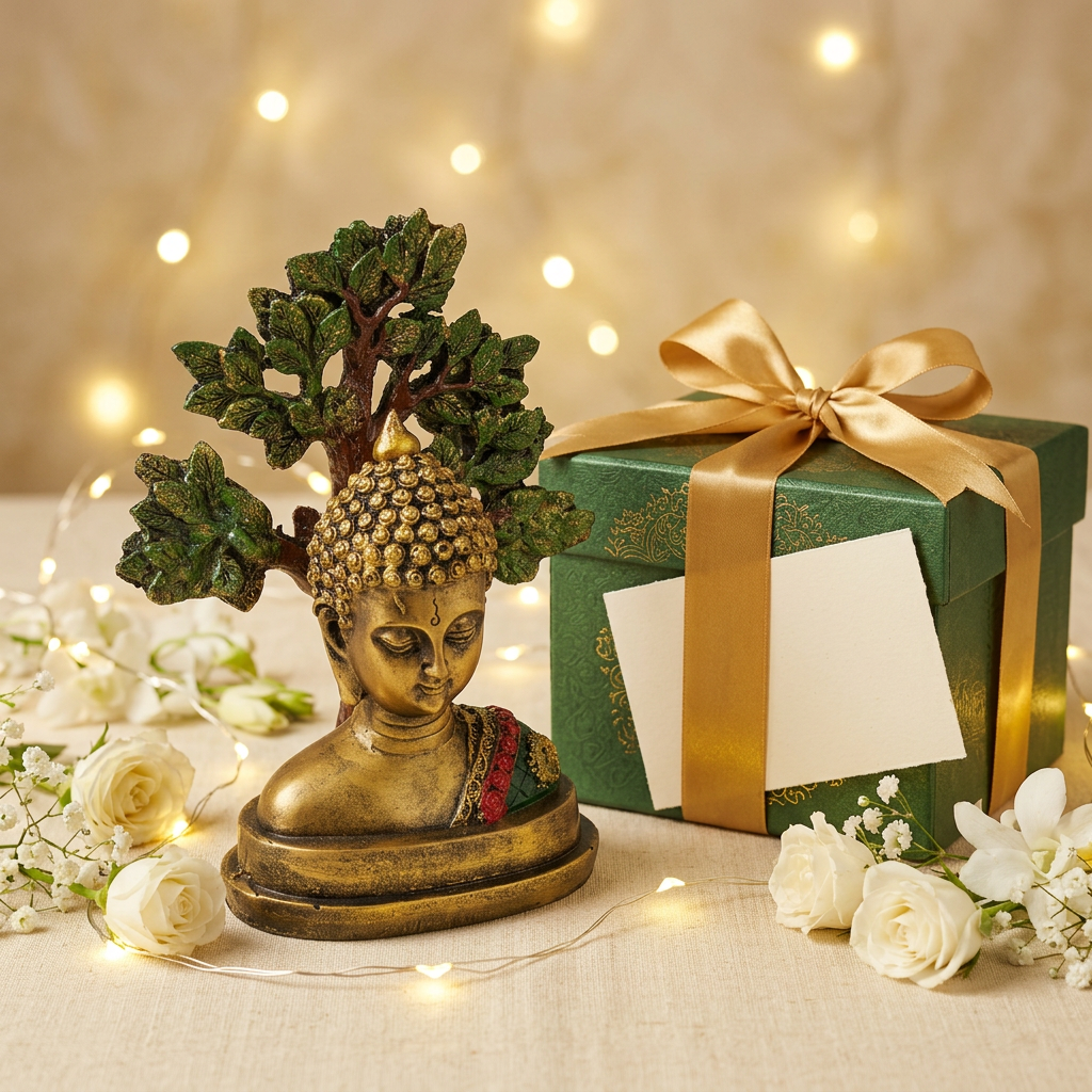 HindCraft Meditating Buddha Head Showpiece with Bodhi Tree | Spiritual Buddha Statue for Home, Office & Meditation Decor