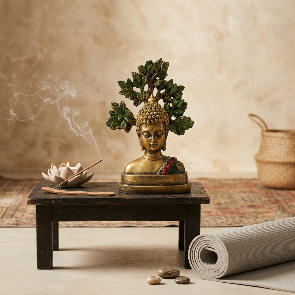 HindCraft Meditating Buddha Head Showpiece with Bodhi Tree | Spiritual Buddha Statue for Home, Office & Meditation Decor