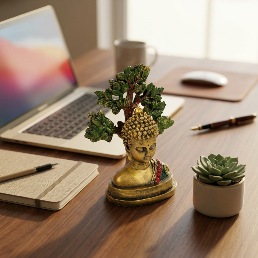 HindCraft Meditating Buddha Head Showpiece with Bodhi Tree | Spiritual Buddha Statue for Home, Office & Meditation Decor