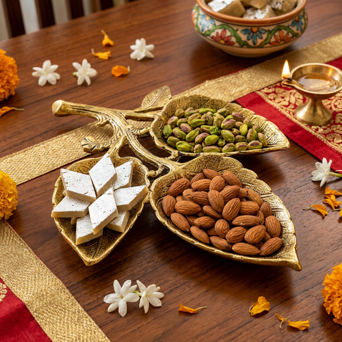 HindCraft 3 Leaf Gold-Finish Dry Fruit Serving Tray for Sweets, Nuts & Festive Gifting
