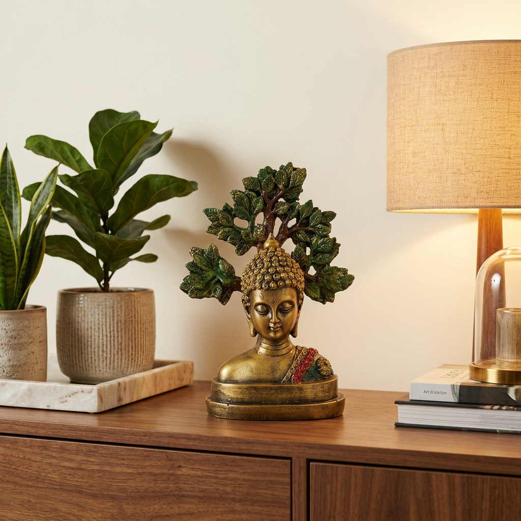 HindCraft Meditating Buddha Head Showpiece with Bodhi Tree | Spiritual Buddha Statue for Home, Office & Meditation Decor