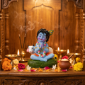 HindCraft Bal Krishna Praying Idol with Cow | Cute Baby Krishna Resin Showpiece for Home Temple, Car Dashboard & Office Décor