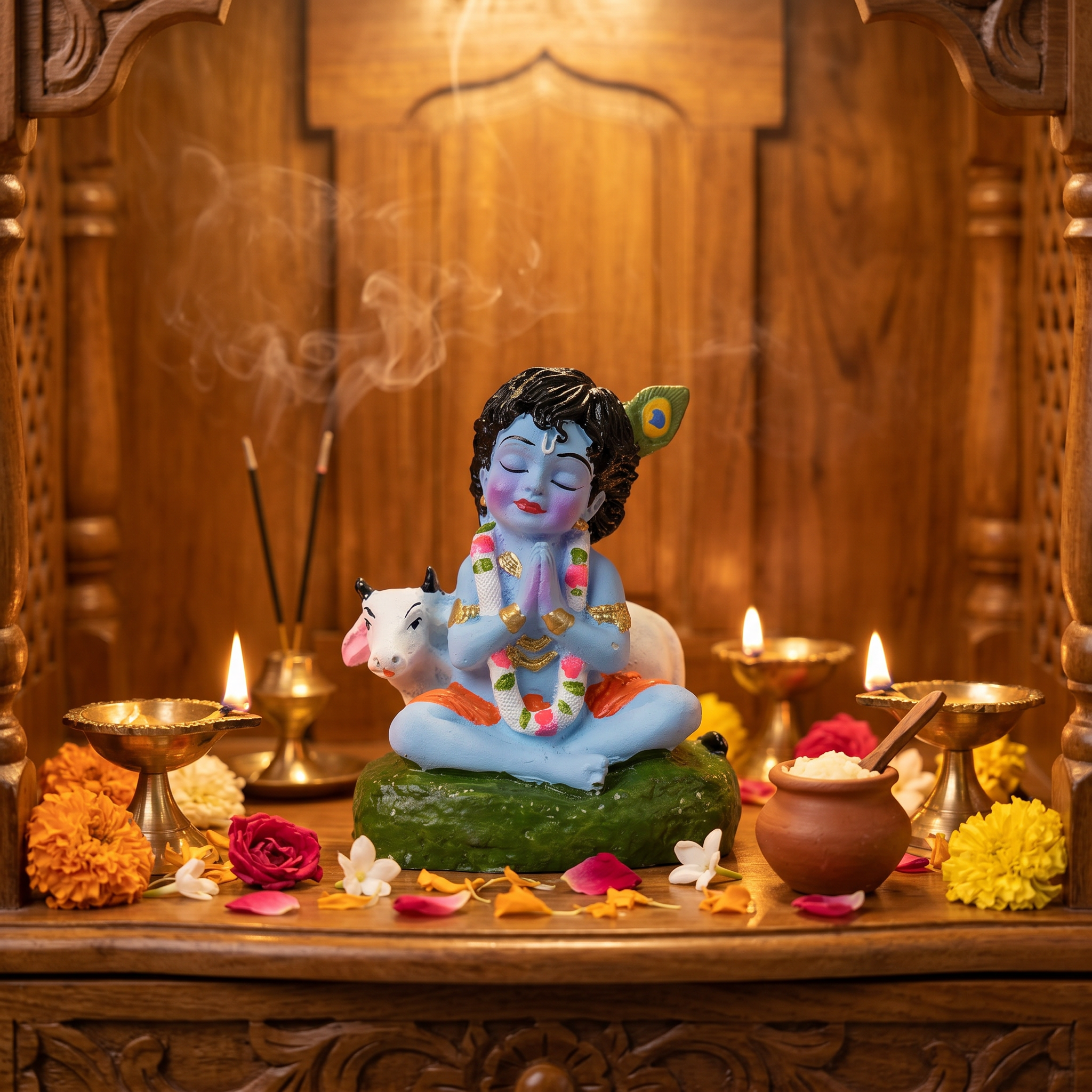 HindCraft Bal Krishna Praying Idol with Cow | Cute Baby Krishna Resin Showpiece for Home Temple, Car Dashboard & Office Décor