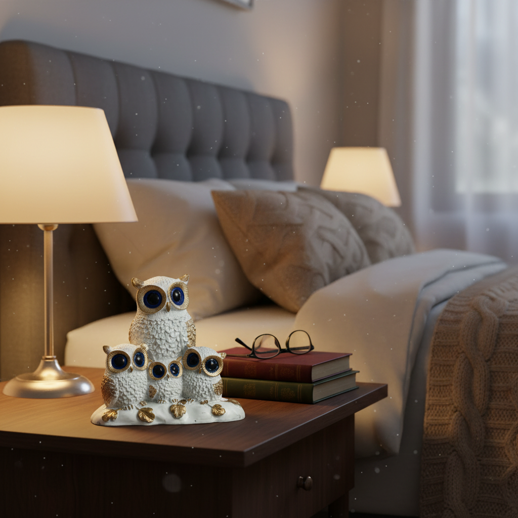 HindCraft Owl Family Showpiece for Home Decor | White & Gold Decorative Owl Figurine for Living Room, Office & Gifting