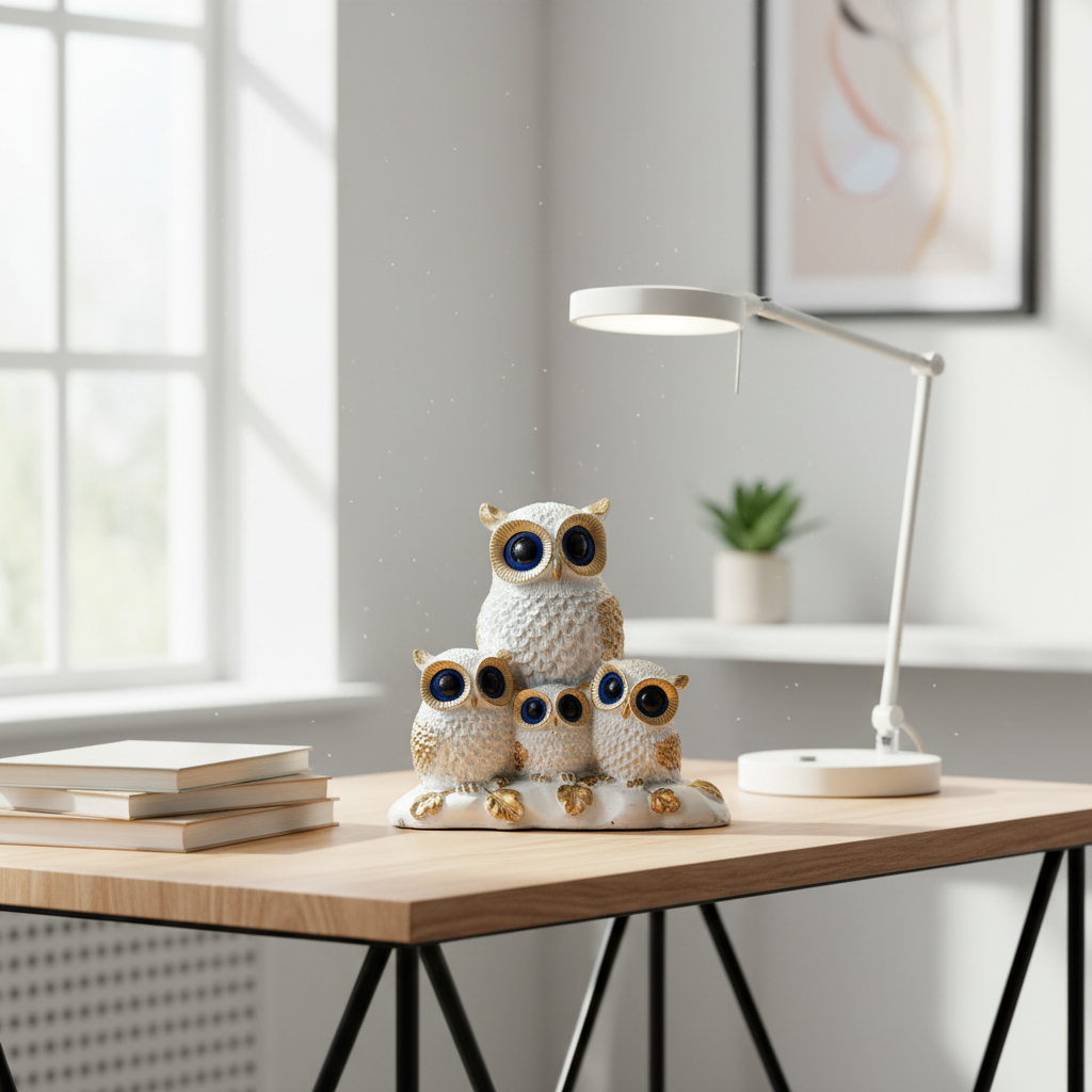 HindCraft Owl Family Showpiece for Home Decor | White & Gold Decorative Owl Figurine for Living Room, Office & Gifting