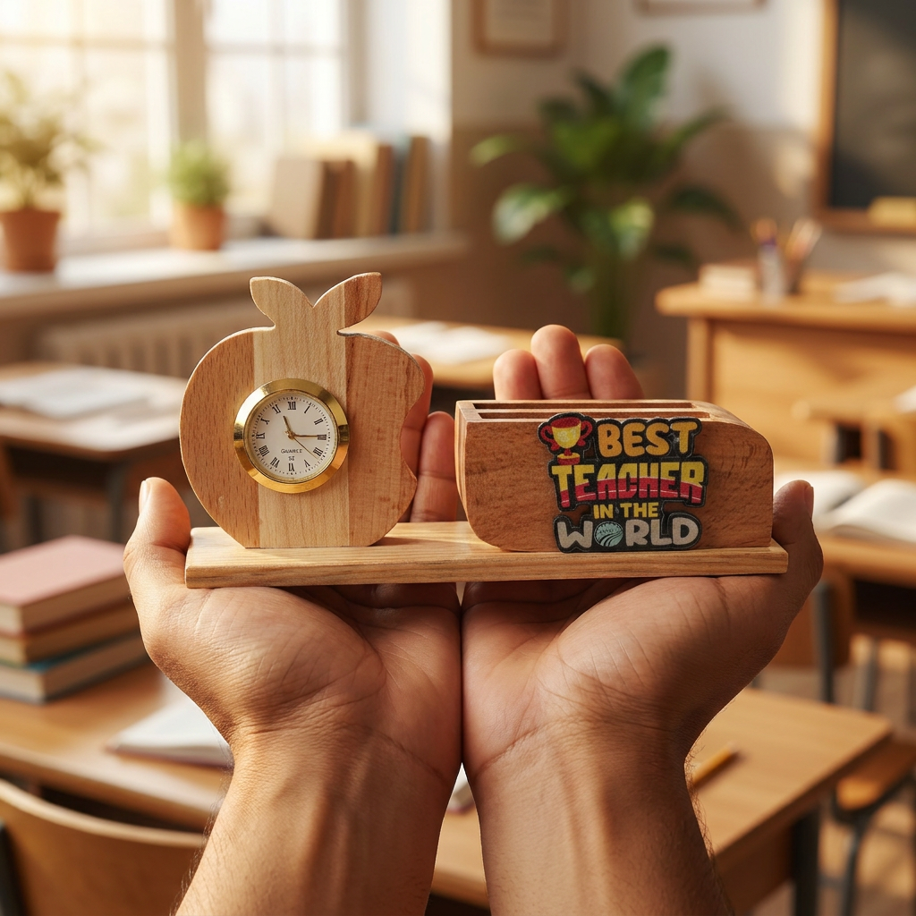 HindCraft Best Teacher Wooden Pen Stand with Apple Clock for Desk & Gifting