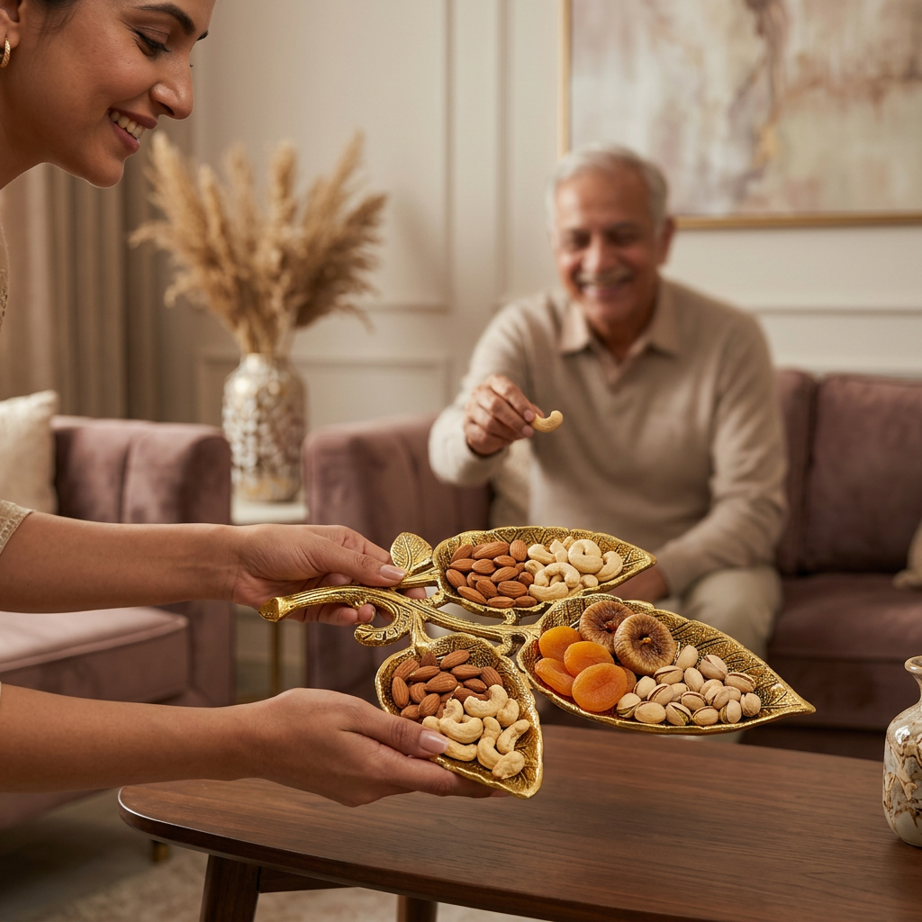 HindCraft 3 Leaf Gold-Finish Dry Fruit Serving Tray for Sweets, Nuts & Festive Gifting