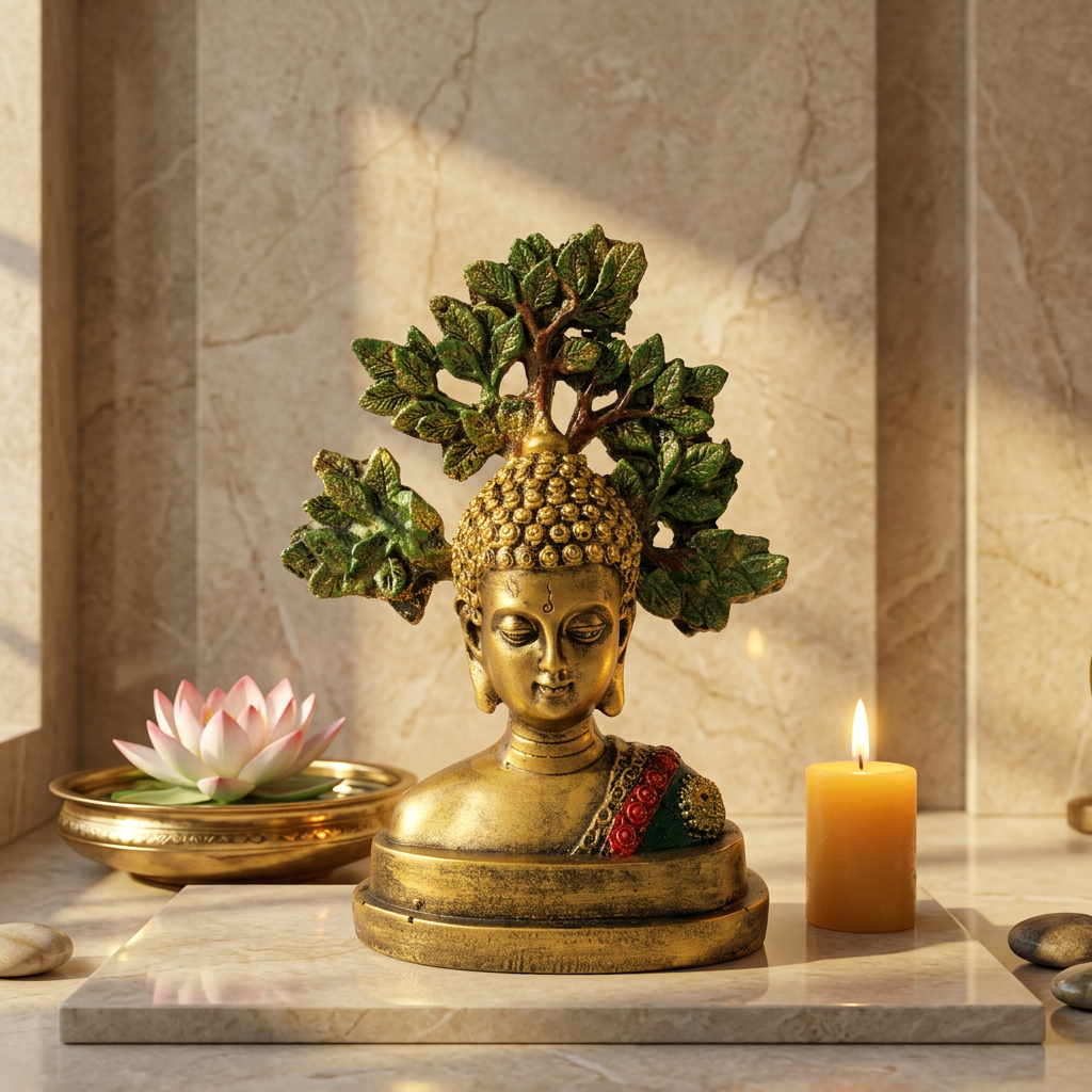 HindCraft Meditating Buddha Head Showpiece with Bodhi Tree | Spiritual Buddha Statue for Home, Office & Meditation Decor