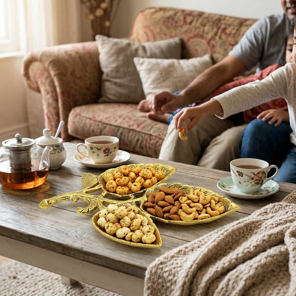 HindCraft 3 Leaf Gold-Finish Dry Fruit Serving Tray for Sweets, Nuts & Festive Gifting