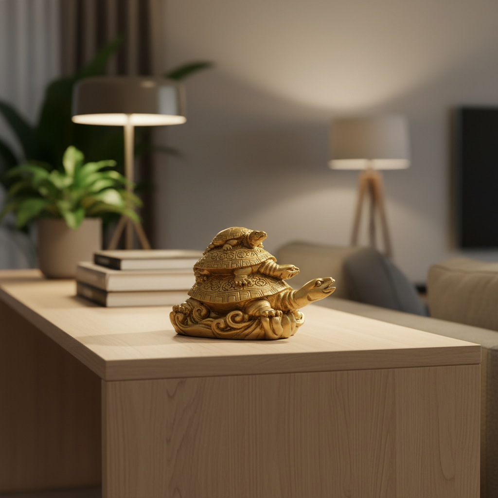 HindCraft Three Layer Golden Tortoise Family Showpiece for Home, Office Desk, Living Room & Table Décor