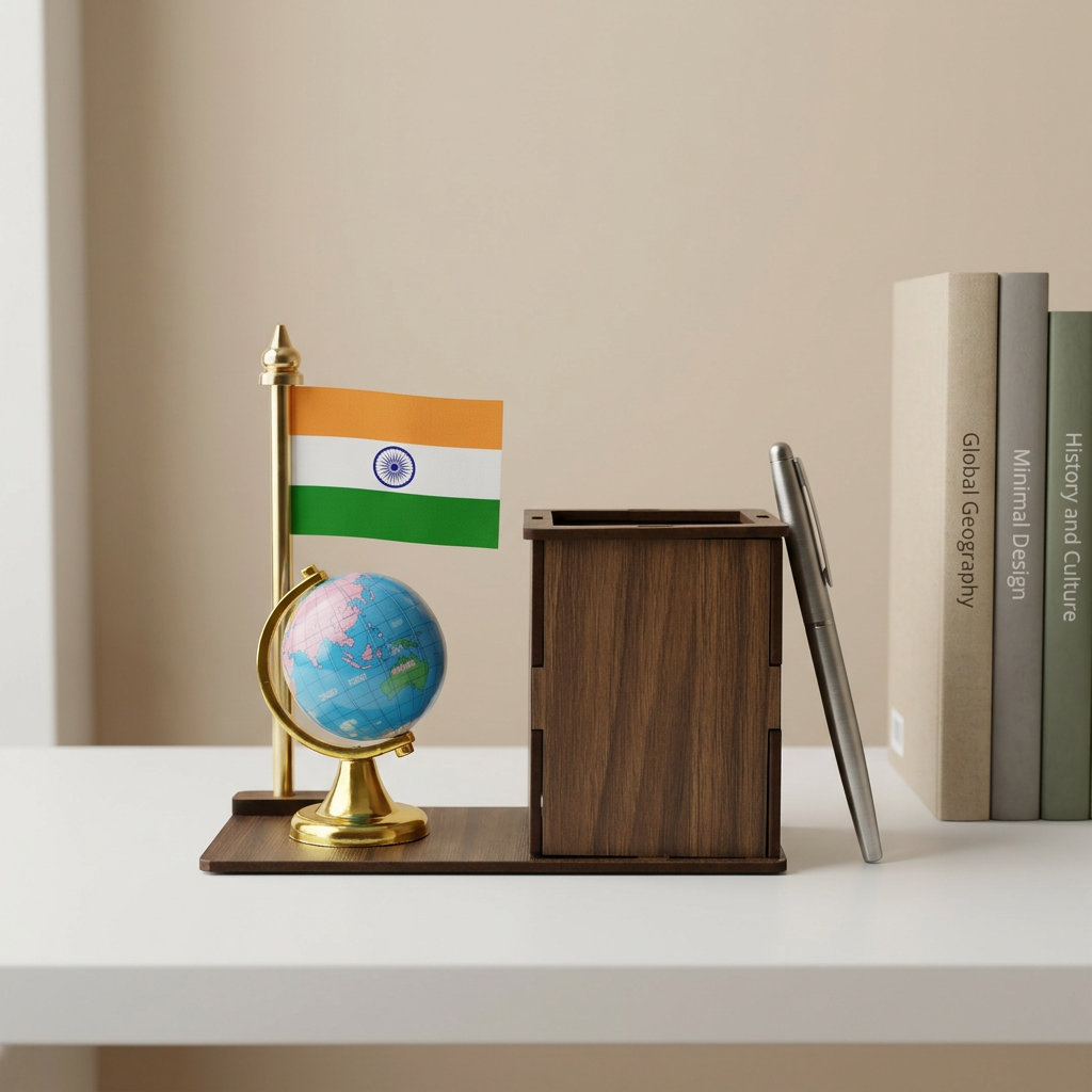 HindCraft Wooden Pen Stand with Indian Flag & Mini Globe | Office Desk Organizer for Home, School & Study Table