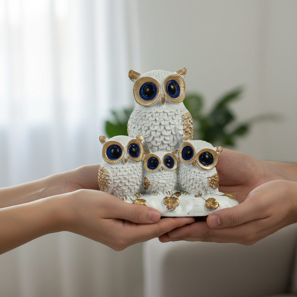 HindCraft Owl Family Showpiece for Home Decor | White & Gold Decorative Owl Figurine for Living Room, Office & Gifting