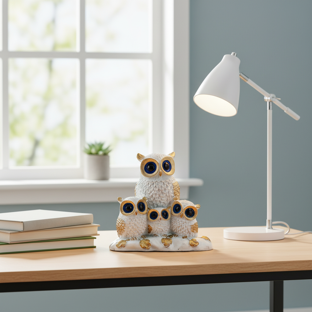 HindCraft Owl Family Showpiece for Home Decor | White & Gold Decorative Owl Figurine for Living Room, Office & Gifting