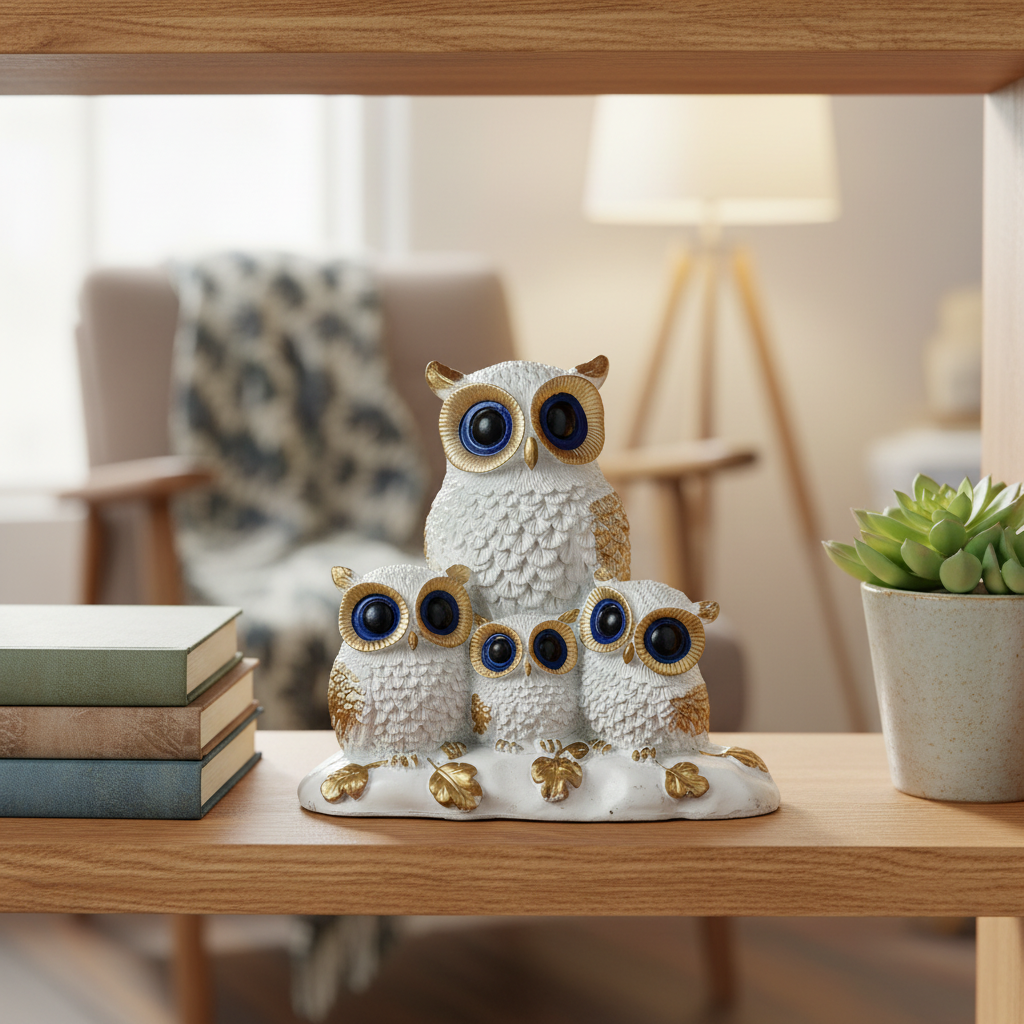 HindCraft Owl Family Showpiece for Home Decor | White & Gold Decorative Owl Figurine for Living Room, Office & Gifting