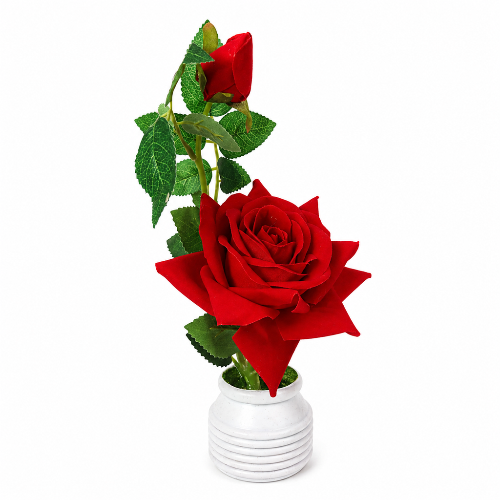 HindCraft Artificial Red Rose Plant with White Pot for Home & Office Décor