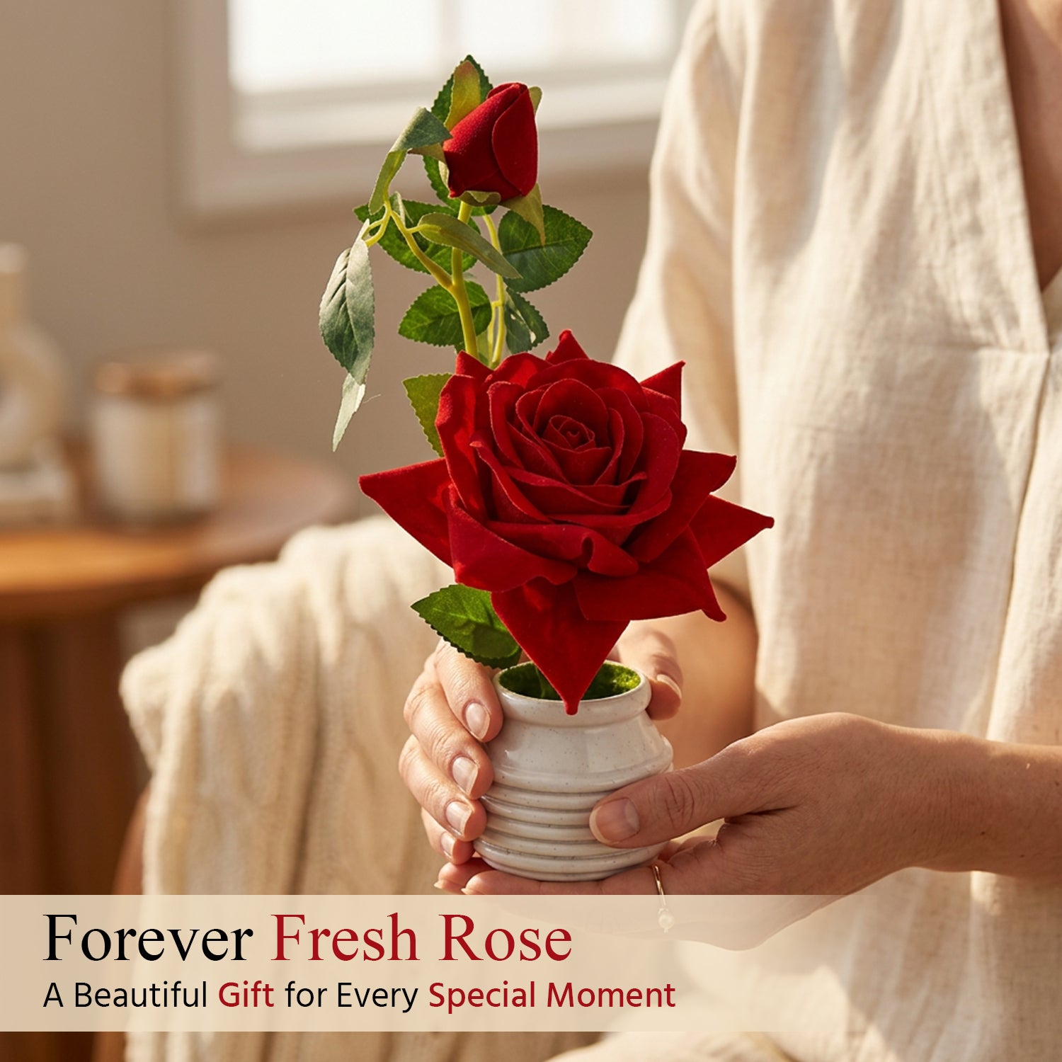 HindCraft Artificial Red Rose Plant with White Pot for Home & Office Décor