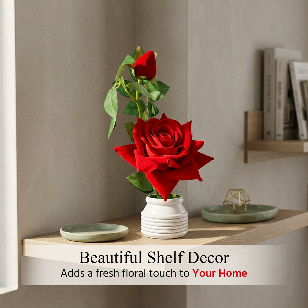 HindCraft Artificial Red Rose Plant with White Pot for Home & Office Décor