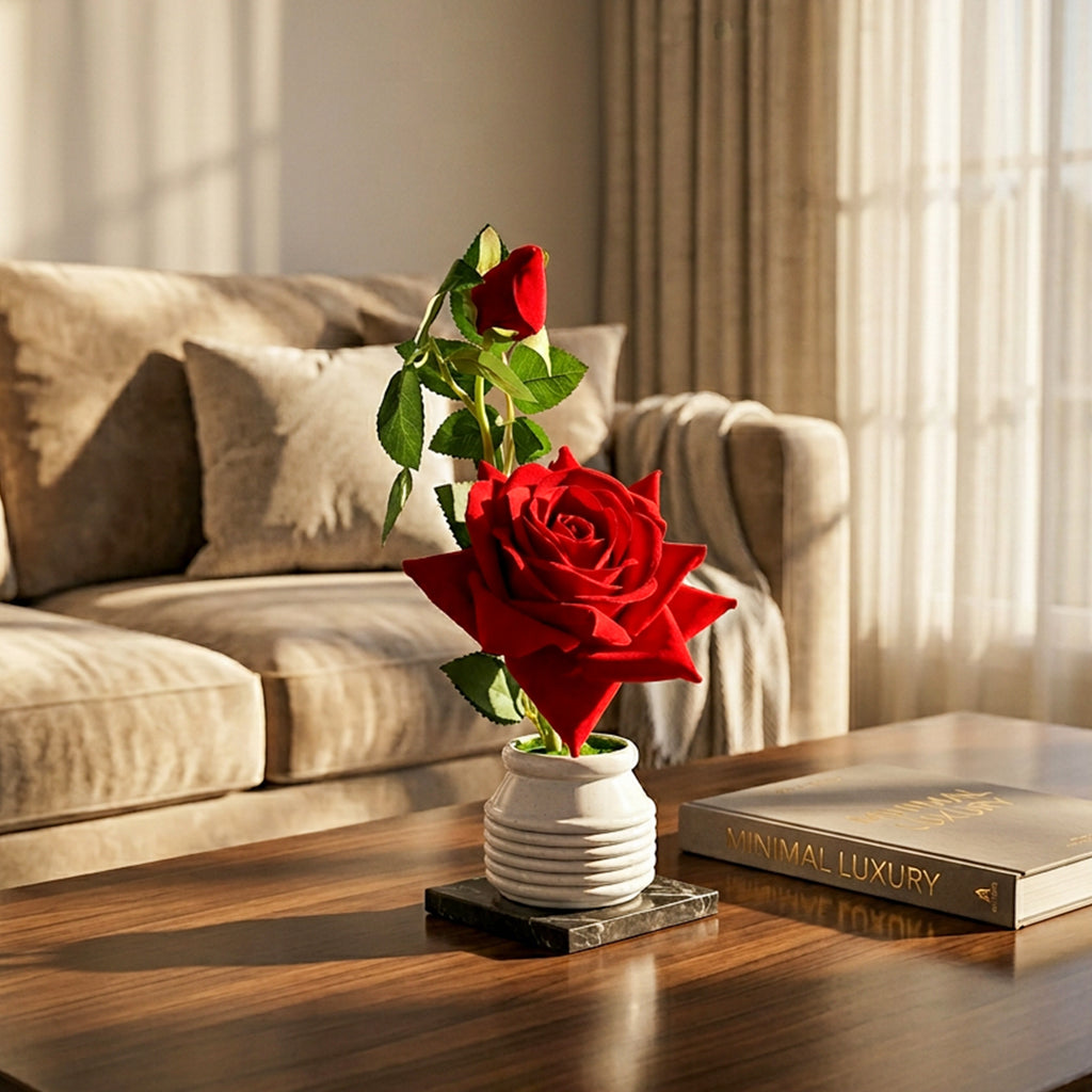 HindCraft Artificial Red Rose Plant with White Pot for Home & Office Décor