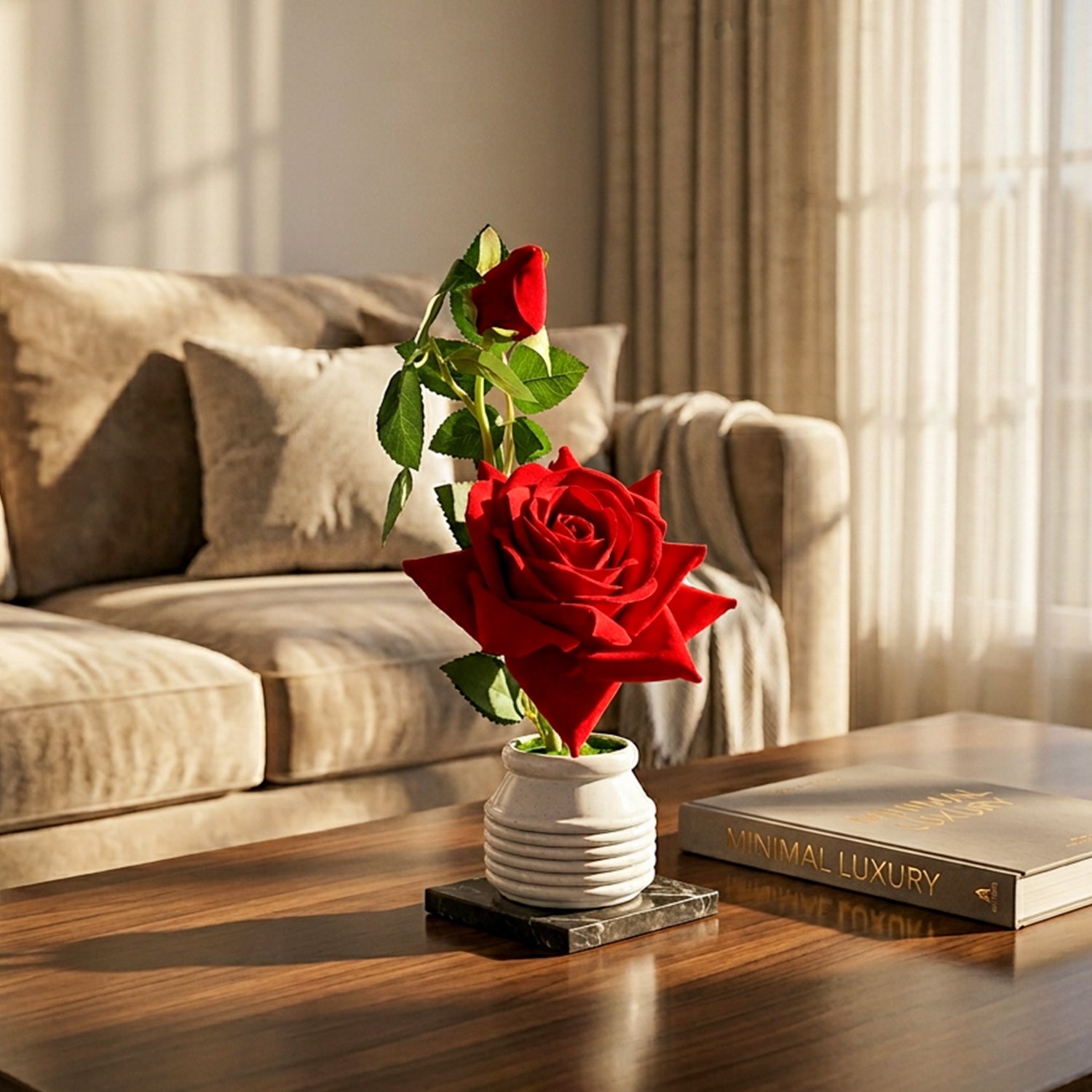 HindCraft Artificial Red Rose Plant with White Pot for Home & Office Décor