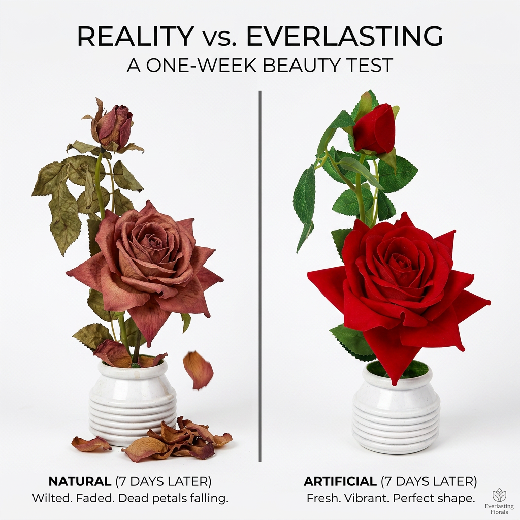 HindCraft Artificial Red Rose Plant with White Pot for Home & Office Décor