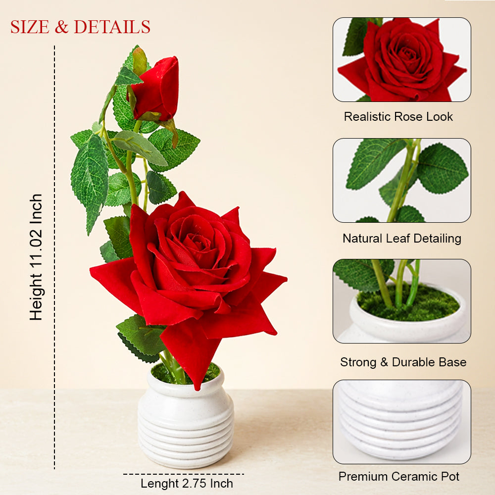 HindCraft Artificial Red Rose Plant with White Pot for Home & Office Décor