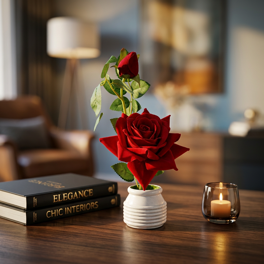 HindCraft Artificial Red Rose Plant with White Pot for Home & Office Décor