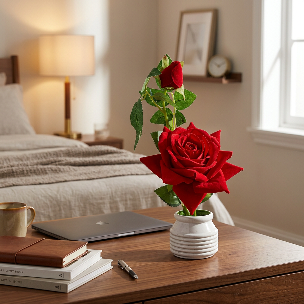 HindCraft Artificial Red Rose Plant with White Pot for Home & Office Décor
