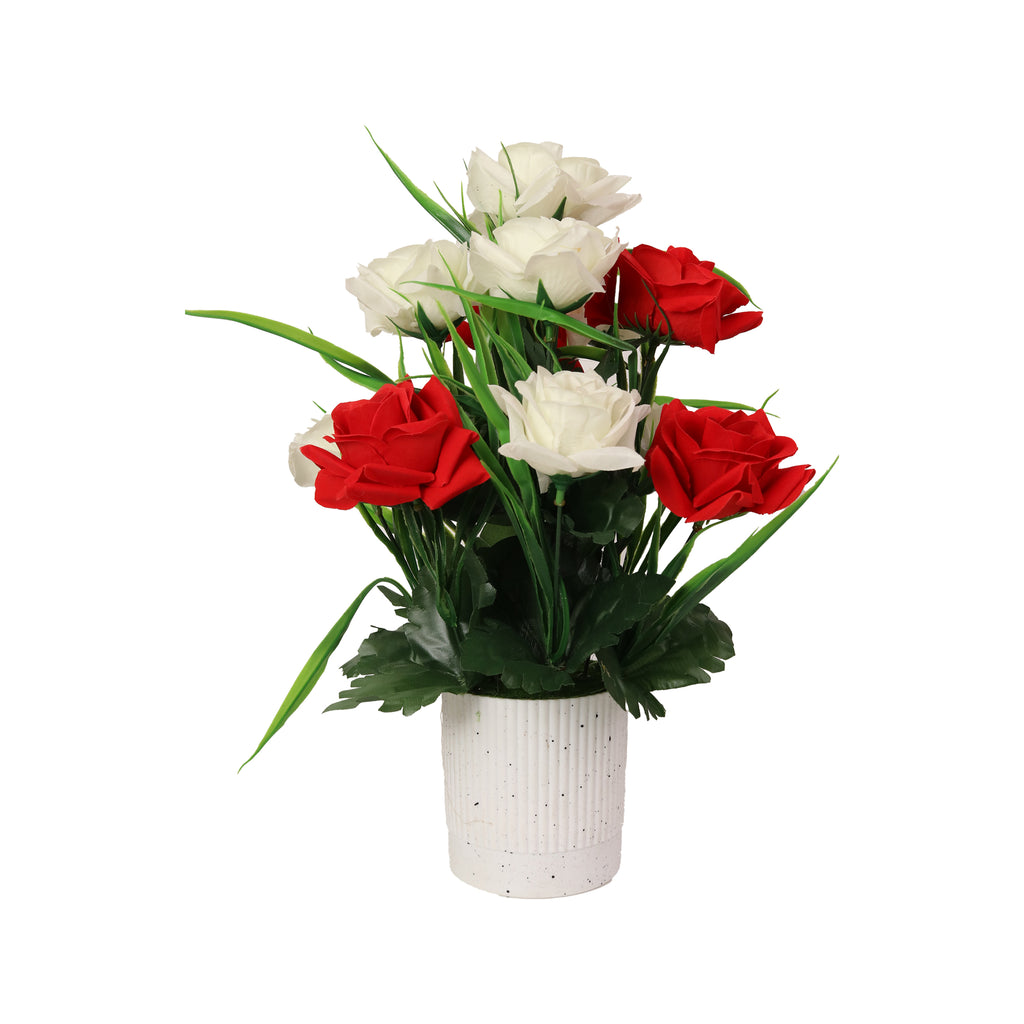 HindCraft Artificial Red & White Rose Flower Arrangement with Pot for Home Décor