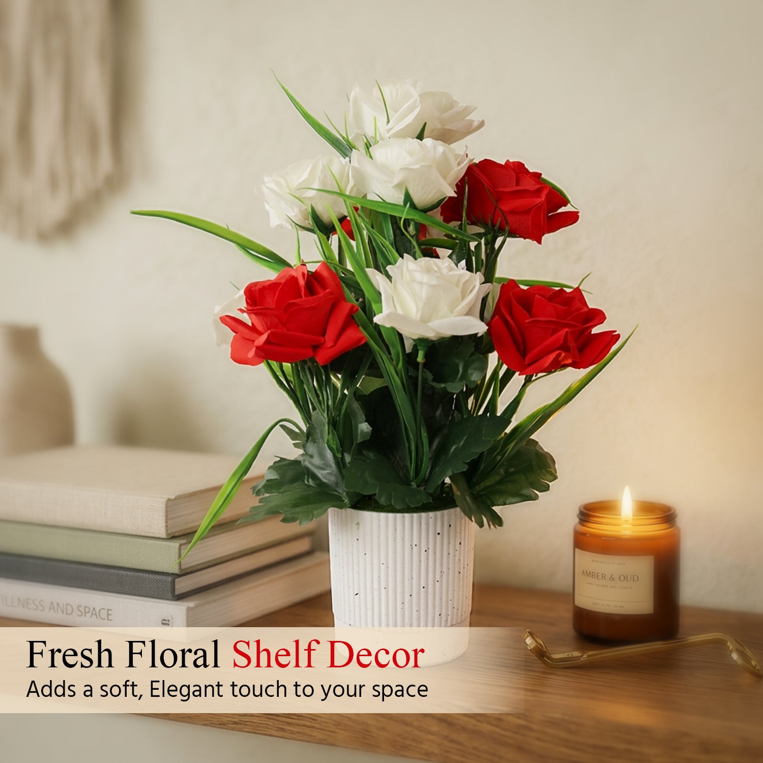 HindCraft Artificial Red & White Rose Flower Arrangement with Pot for Home Décor
