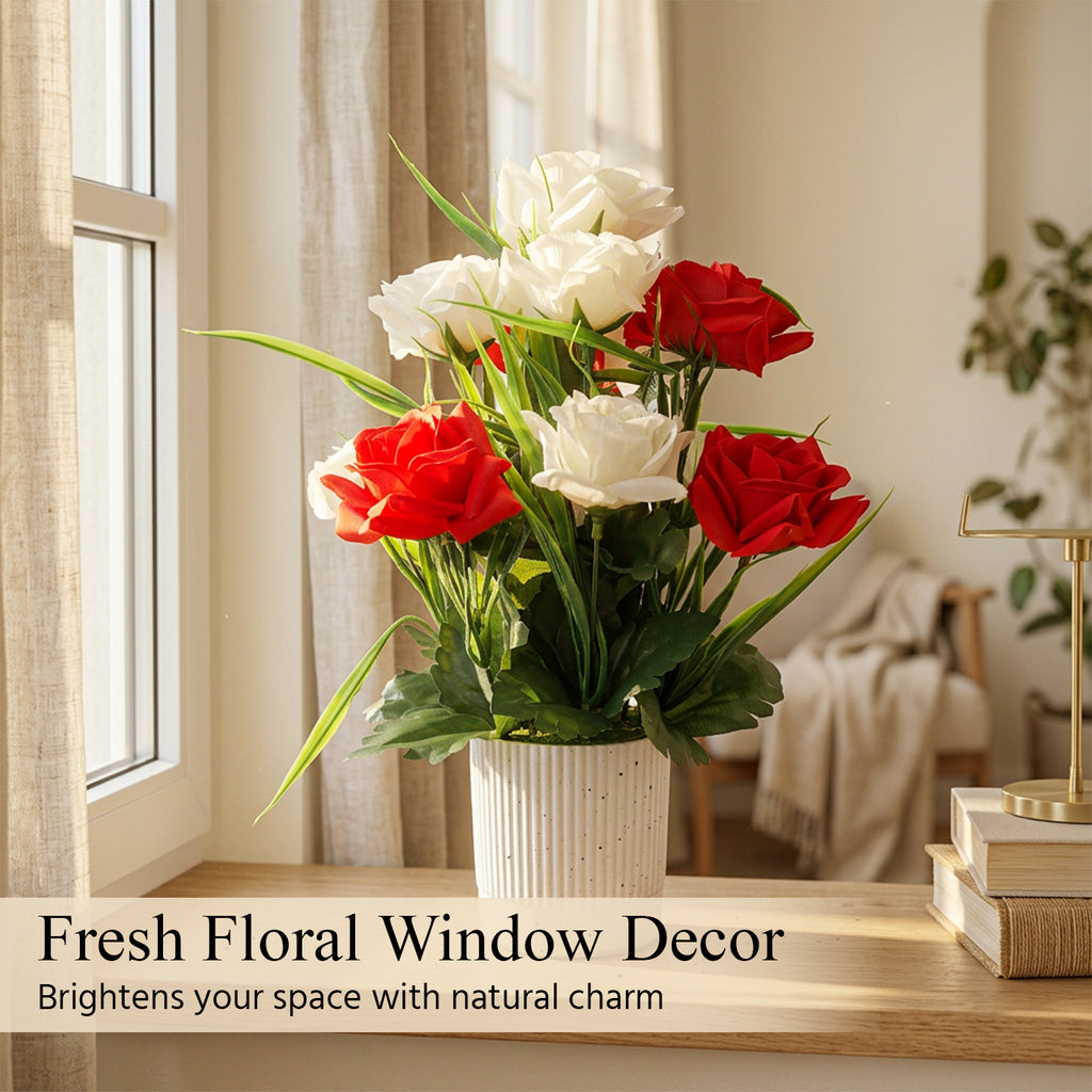 HindCraft Artificial Red & White Rose Flower Arrangement with Pot for Home Décor