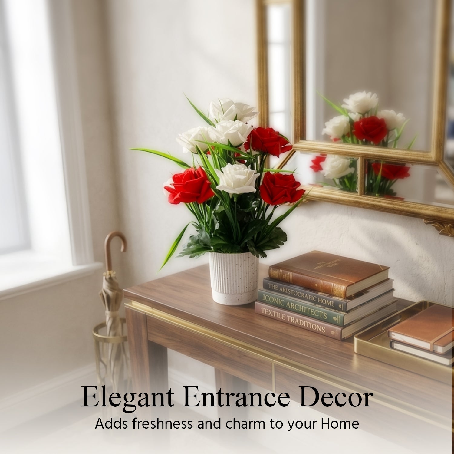 HindCraft Artificial Red & White Rose Flower Arrangement with Pot for Home Décor