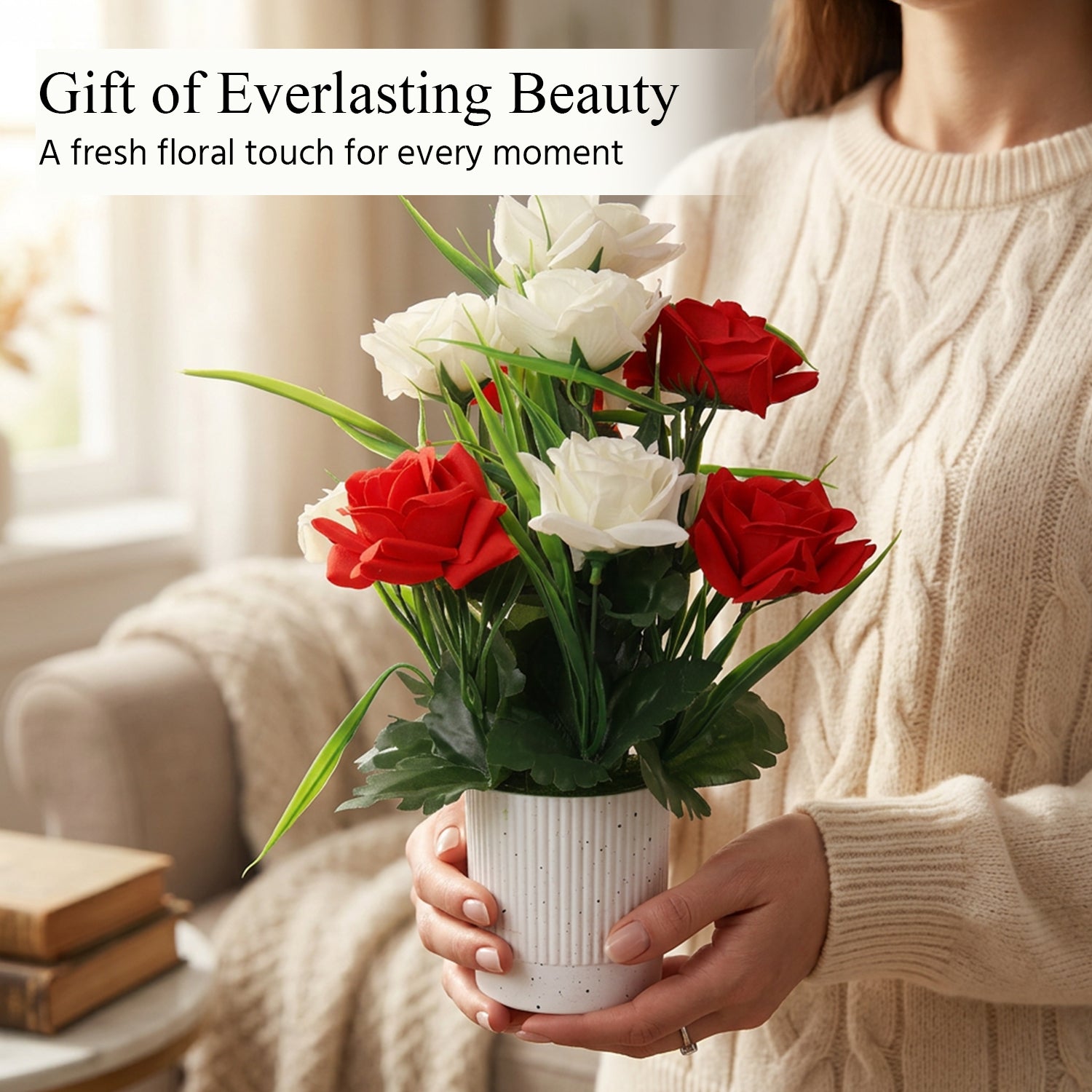 HindCraft Artificial Red & White Rose Flower Arrangement with Pot for Home Décor