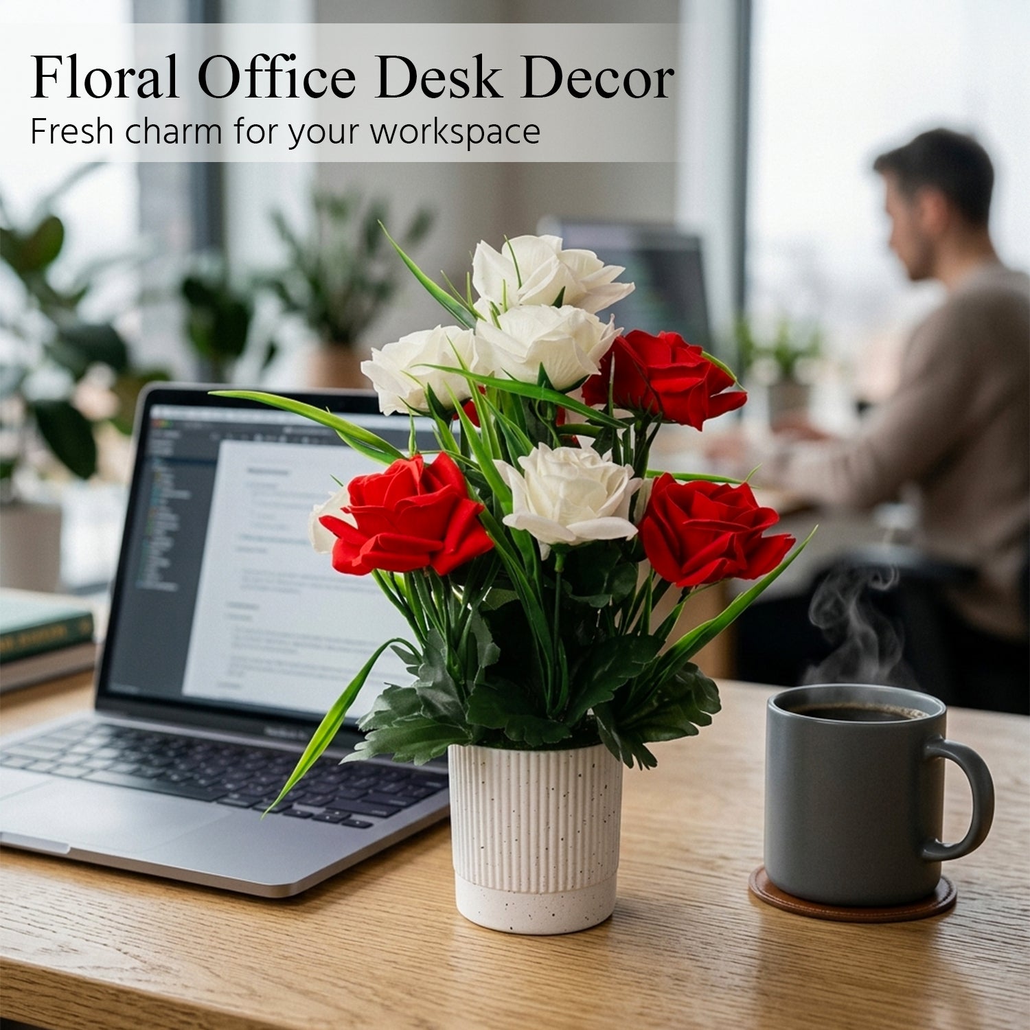 HindCraft Artificial Red & White Rose Flower Arrangement with Pot for Home Décor