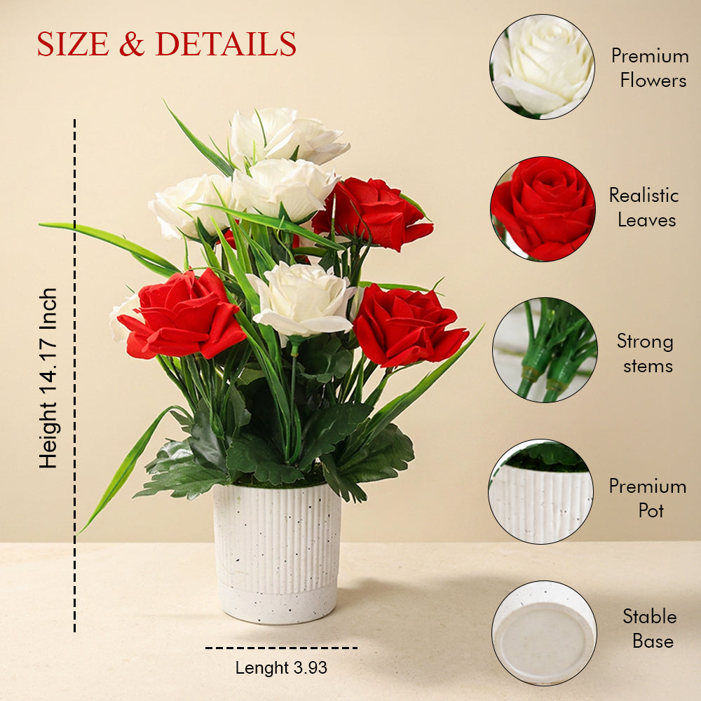 HindCraft Artificial Red & White Rose Flower Arrangement with Pot for Home Décor