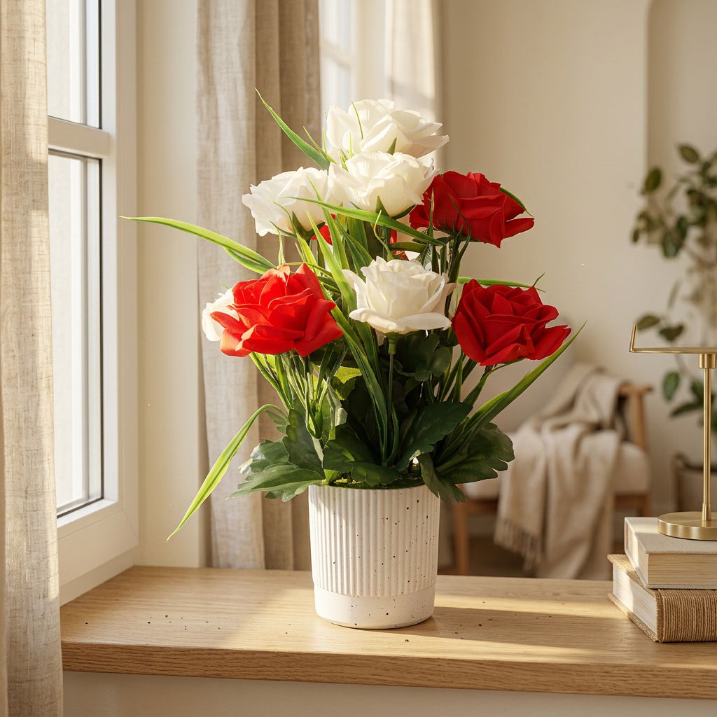 HindCraft Artificial Red & White Rose Flower Arrangement with Pot for Home Décor