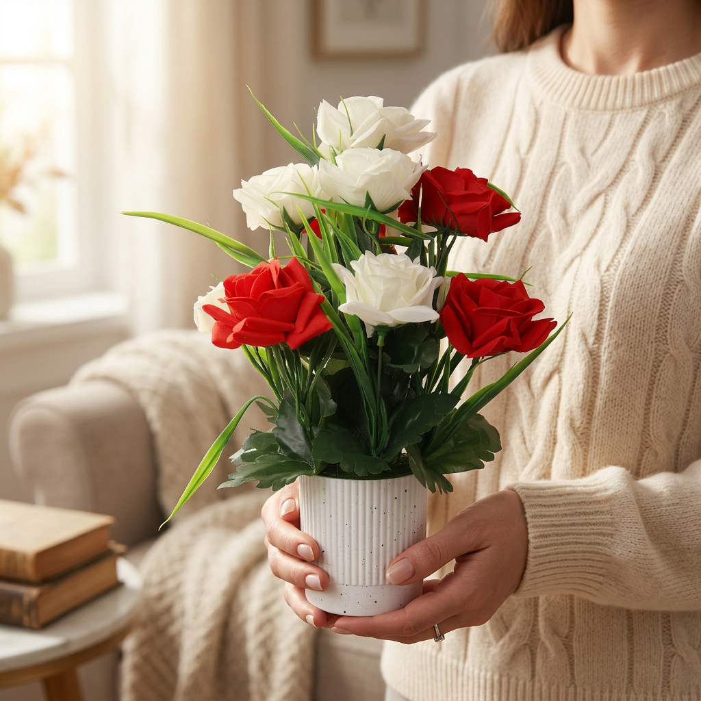HindCraft Artificial Red & White Rose Flower Arrangement with Pot for Home Décor