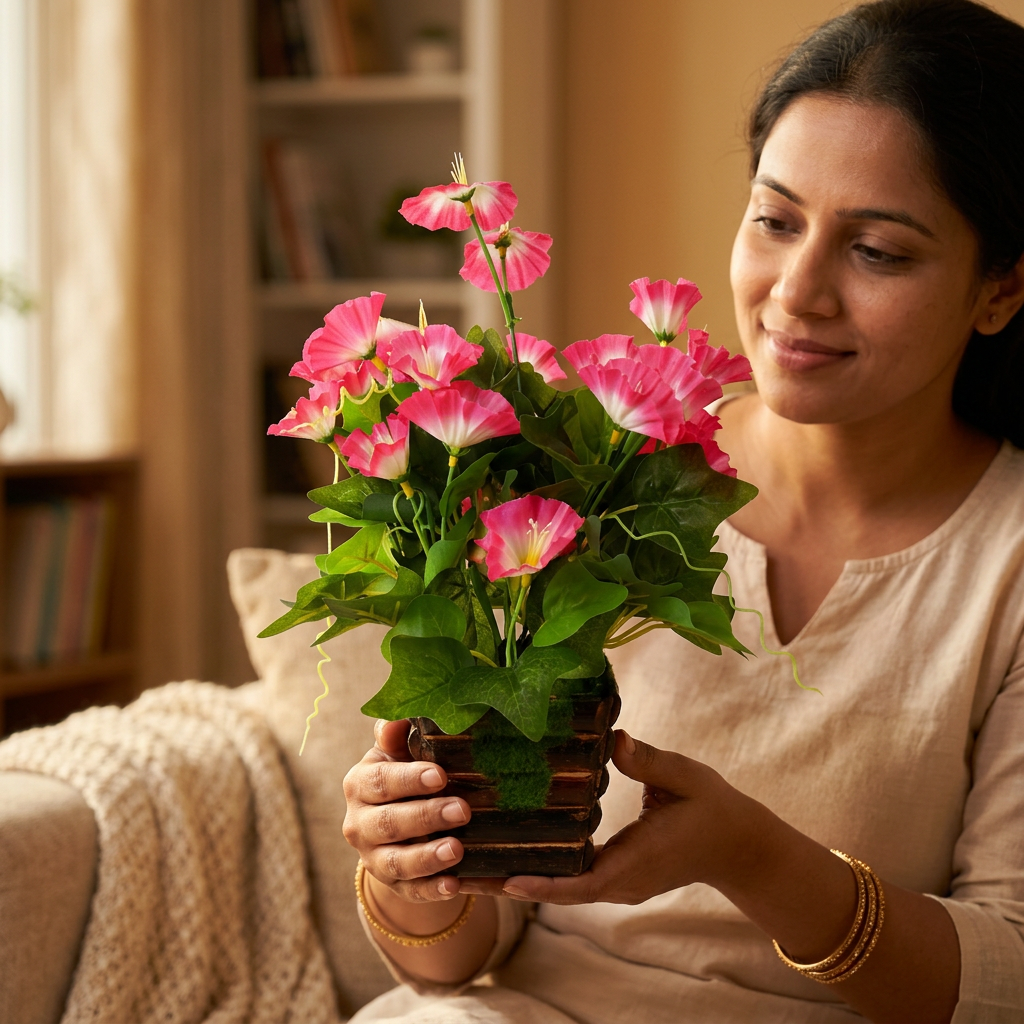 HindCraft Artificial Pink Flower Plant with Decorative Pot for Home Décor