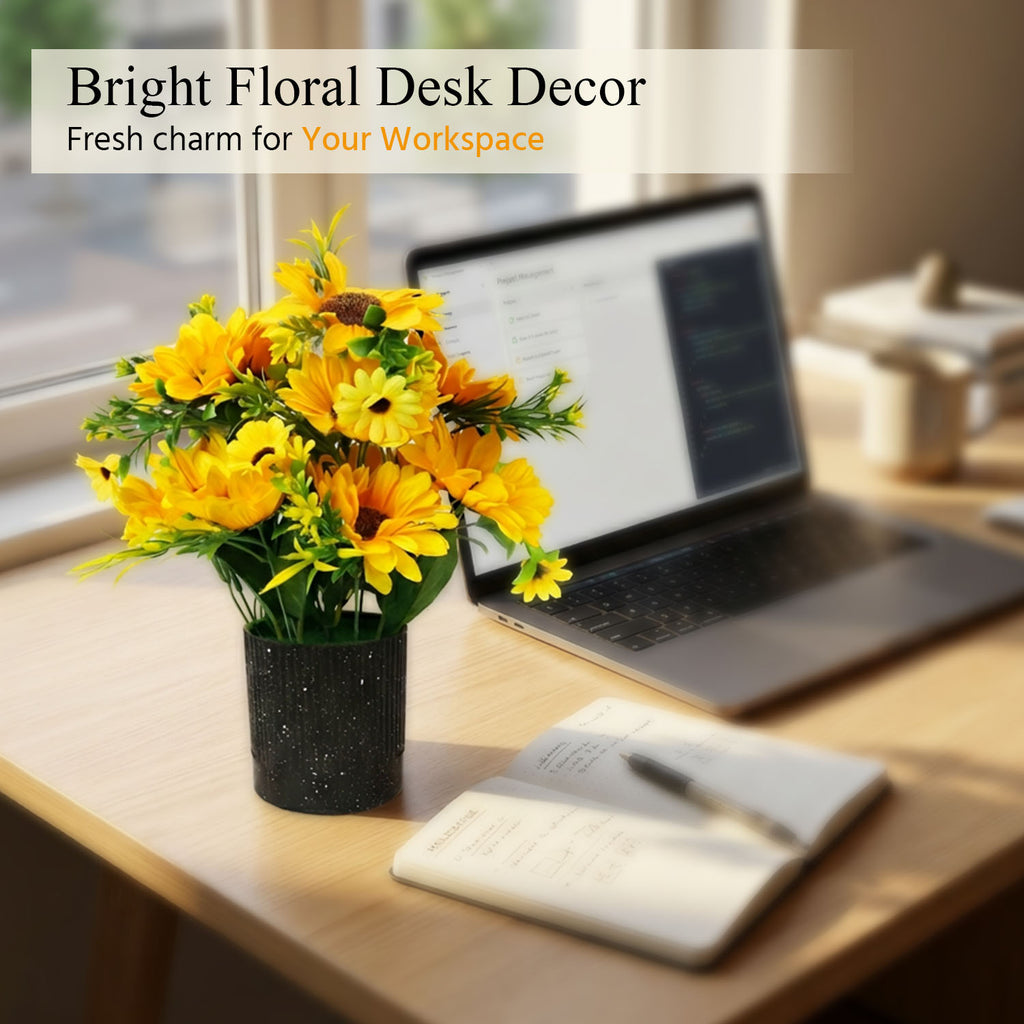 HindCraft Artificial Yellow Sunflower Arrangement with Black Pot for Home Décor