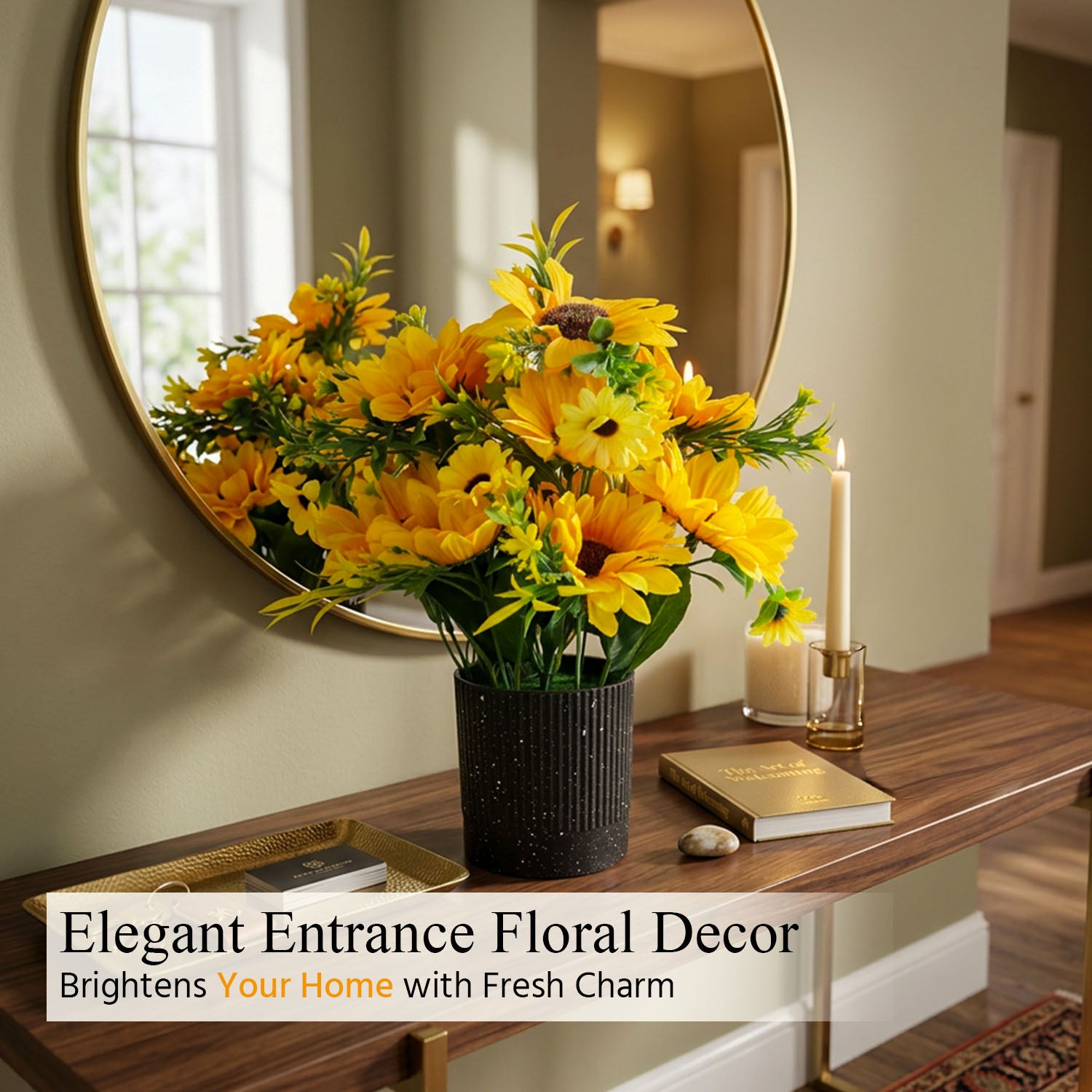 HindCraft Artificial Yellow Sunflower Arrangement with Black Pot for Home Décor
