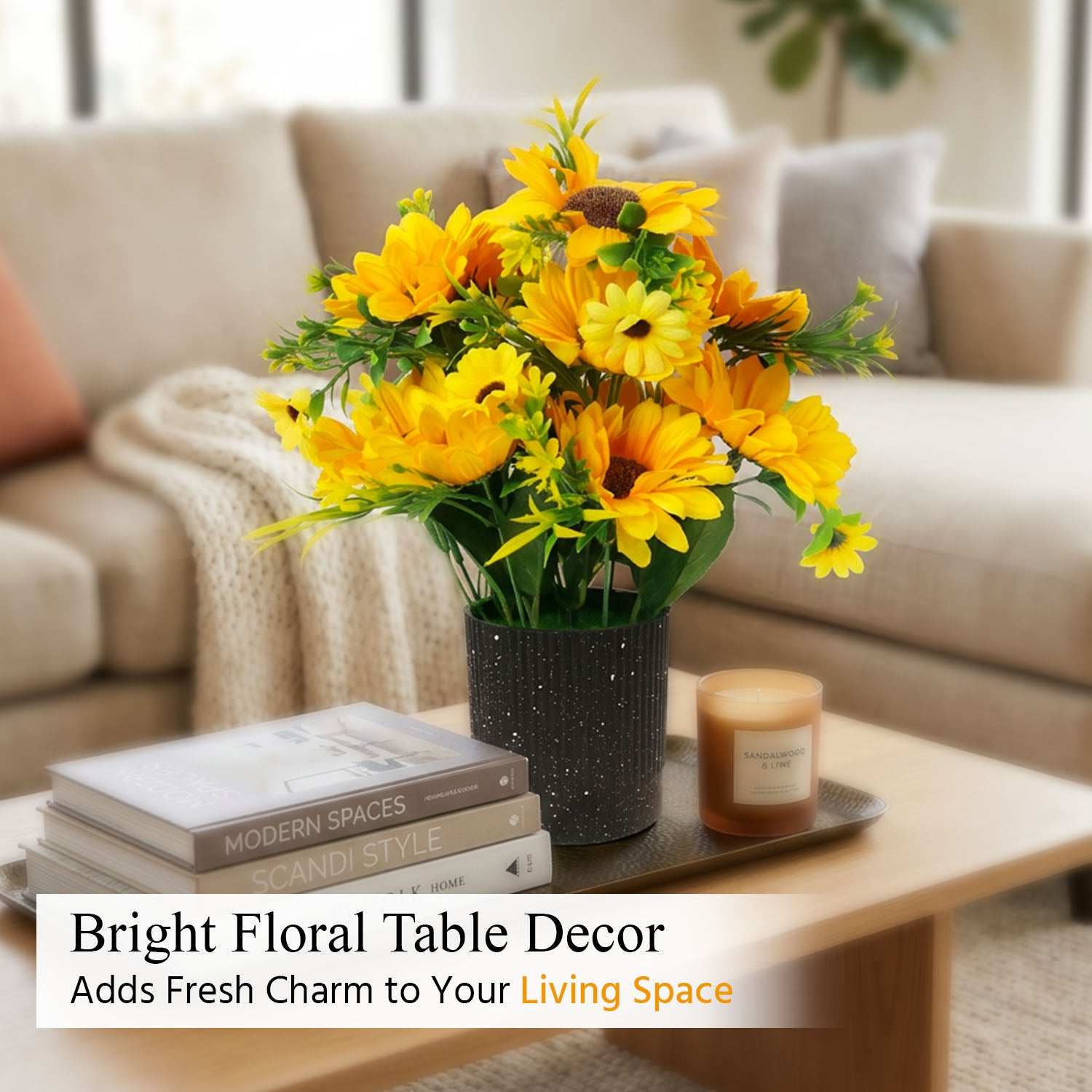 HindCraft Artificial Yellow Sunflower Arrangement with Black Pot for Home Décor