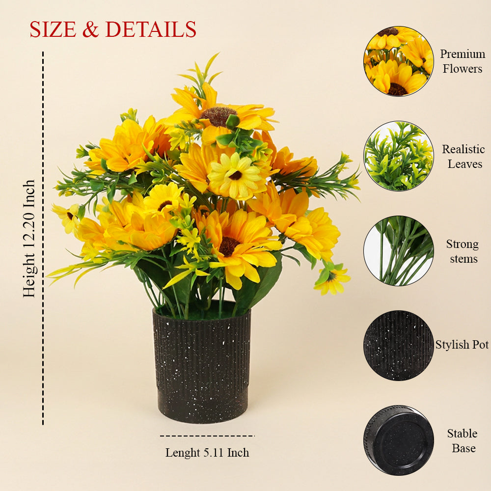 HindCraft Artificial Yellow Sunflower Arrangement with Black Pot for Home Décor