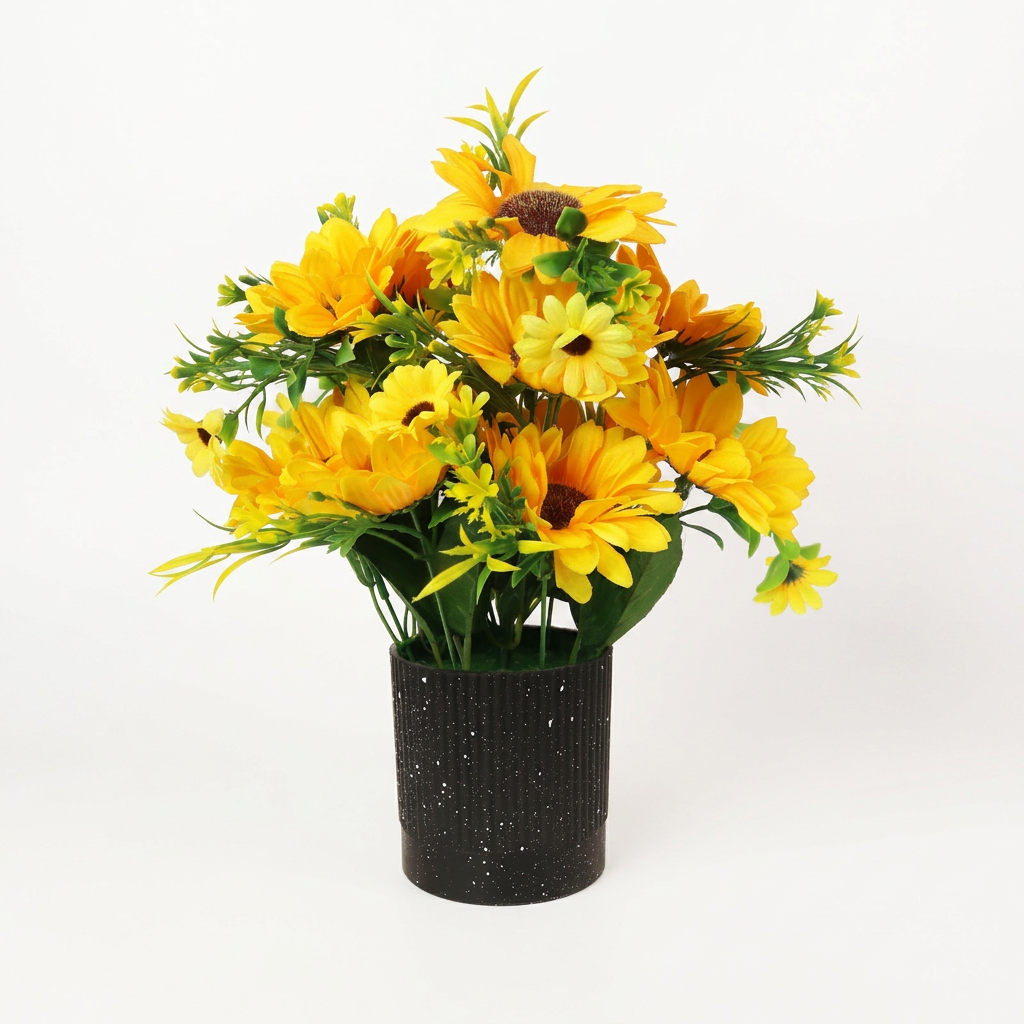HindCraft Artificial Yellow Sunflower Arrangement with Black Pot for Home Décor