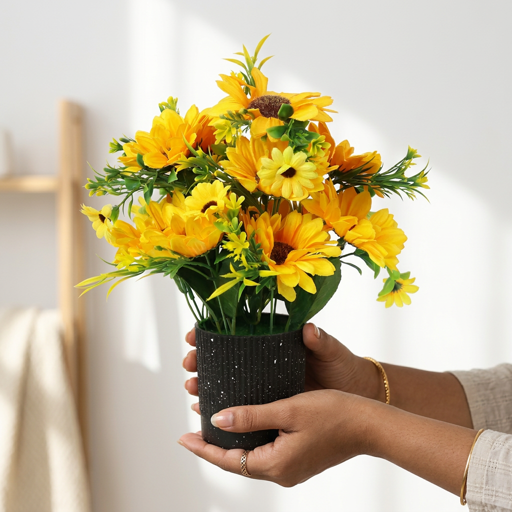 HindCraft Artificial Yellow Sunflower Arrangement with Black Pot for Home Décor