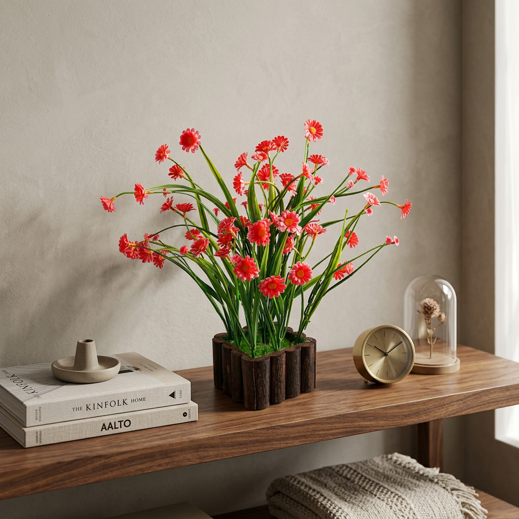 HindCraft Artificial Red Daisy Flower Plant with Wooden Pot for Home Décor