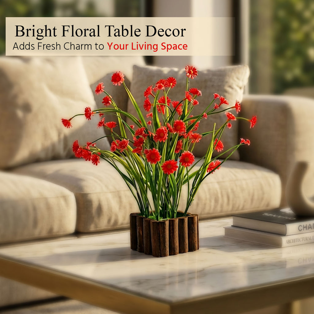 HindCraft Artificial Red Daisy Flower Plant with Wooden Pot for Home Décor