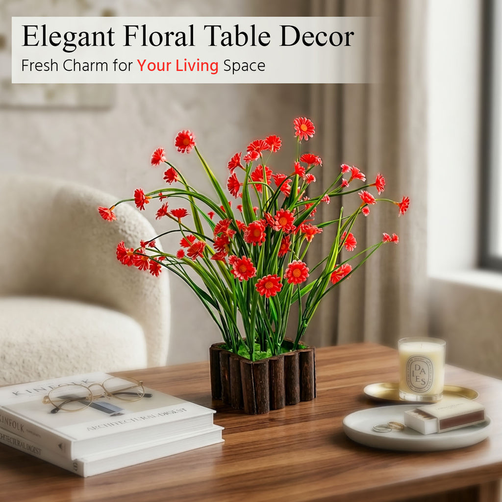 HindCraft Artificial Red Daisy Flower Plant with Wooden Pot for Home Décor