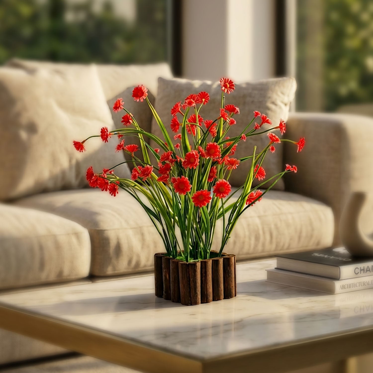 HindCraft Artificial Red Daisy Flower Plant with Wooden Pot for Home Décor