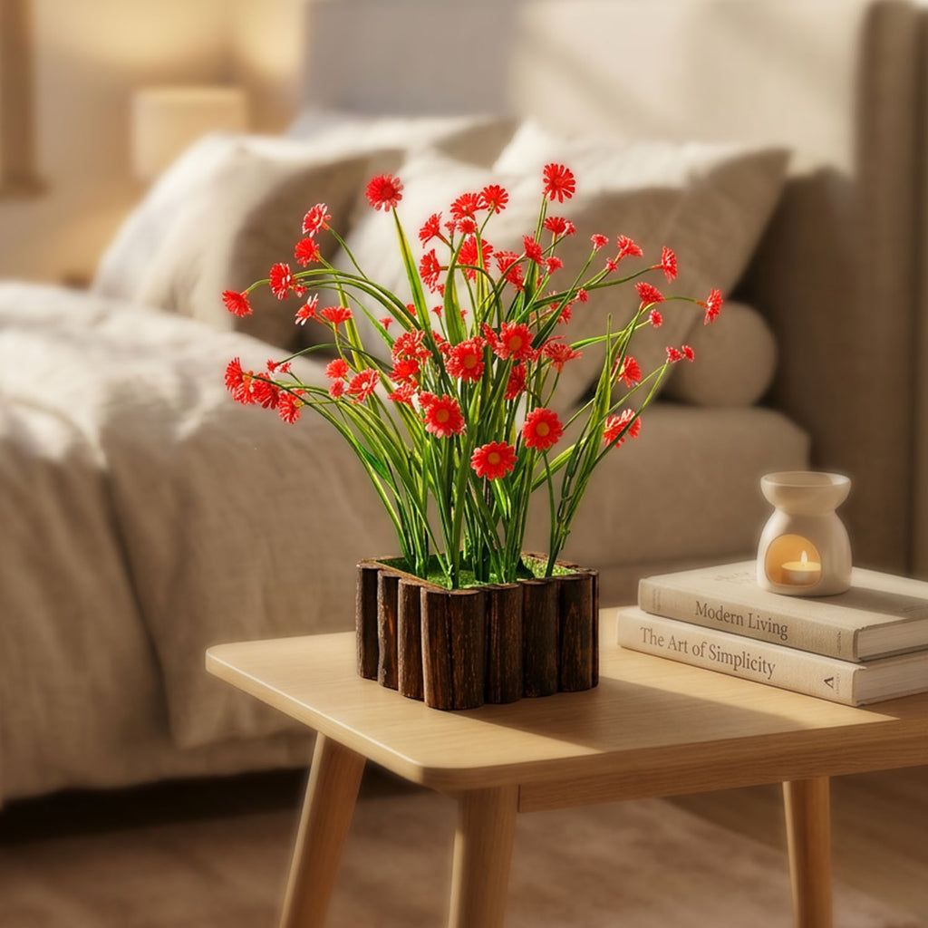 HindCraft Artificial Red Daisy Flower Plant with Wooden Pot for Home Décor